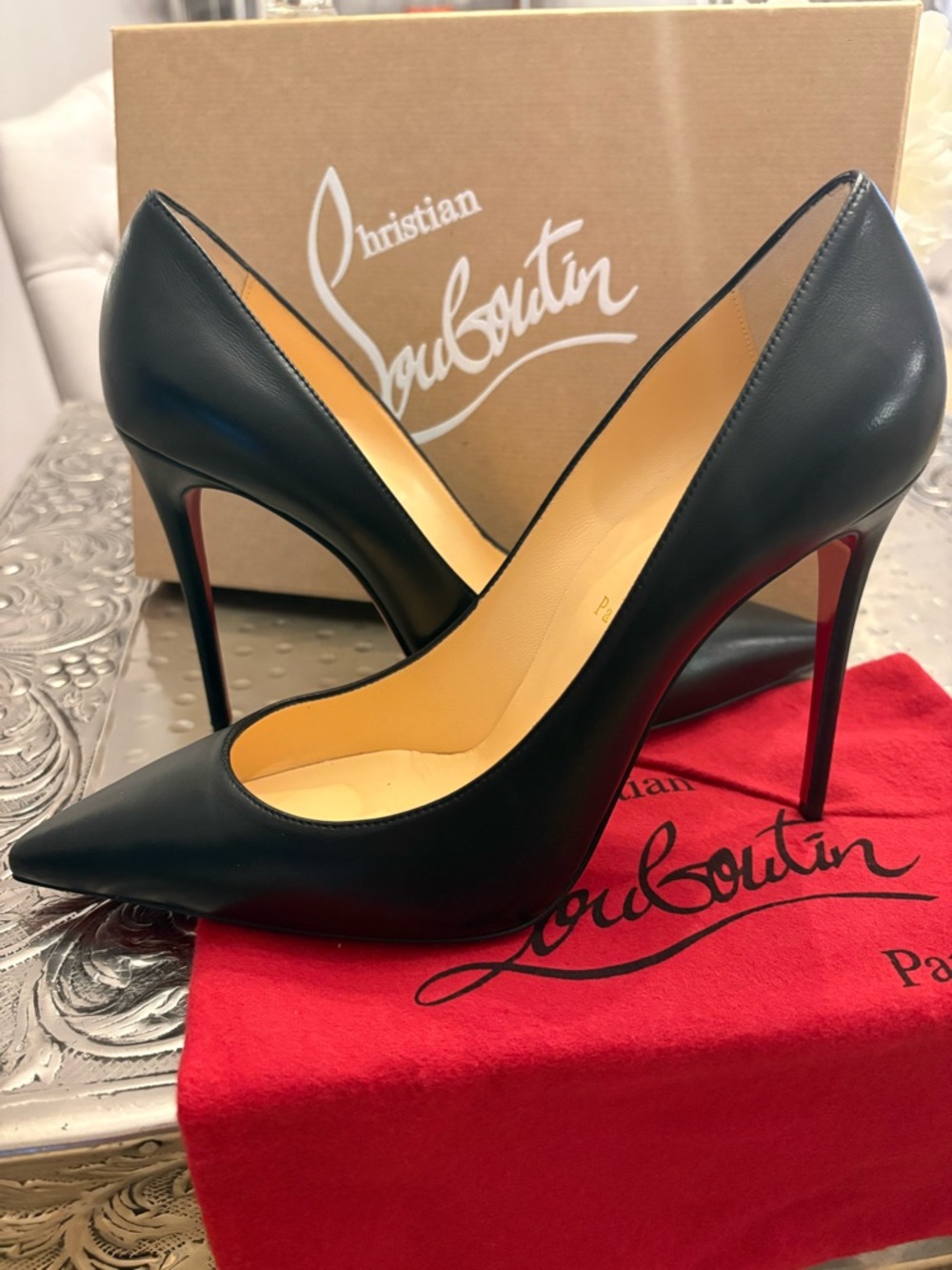 New Christian Louboutin Kate 100 Nappa Shiny Black Leather Pumps Red Bottoms
